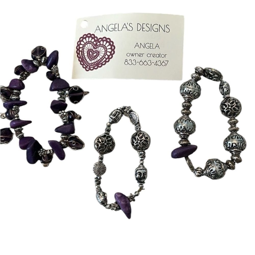 NWT Angela Designs 3 handmade amethyst & silver color beaded stretchy bracelets